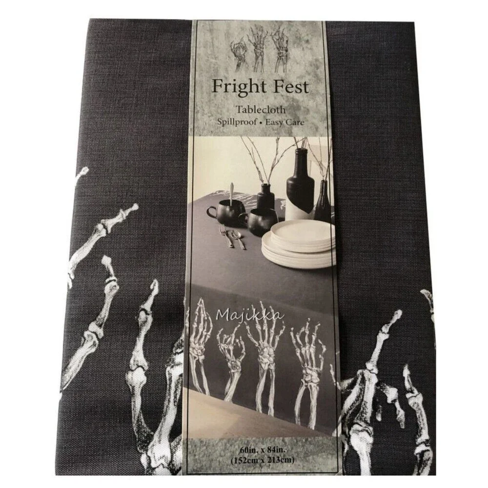 Halloween Tablecloth Fabric Fright Fest Skeleton Hands Border Black White 60x84